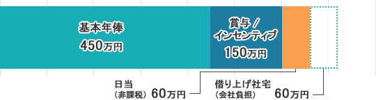 年俸制のMR・年収内訳の図表。非課税の手当を含む年収が660万円の場合、内訳は次の通り。基本年俸が450万円、賞与/インセンティブが150万円、日当が60万円。加えて借り上げ社宅が適用され、会社が60万円分の家賃を負担。