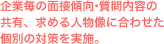 企業毎の面接傾向・質問内容の共有、求める人物像に合わせた個別の対策を実施。